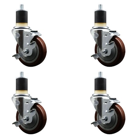 Service Caster 4'' SS Maroon Poly Swivel 1-7/8'' Expanding Stem Caster Set with Brake, 4PK SCC-SSEX20S414-PPUB-MRN-TLB-178-4